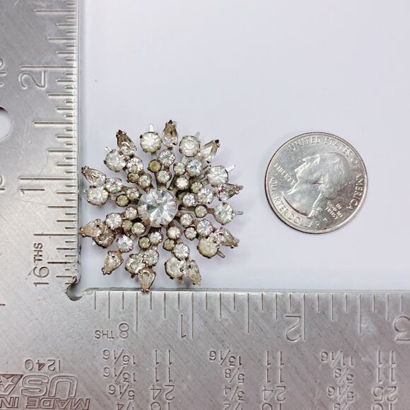 VTG 50s 60s Rhinestone Starburst Brooch Silver Tone Mid Century Pin - Picture 10 of 10